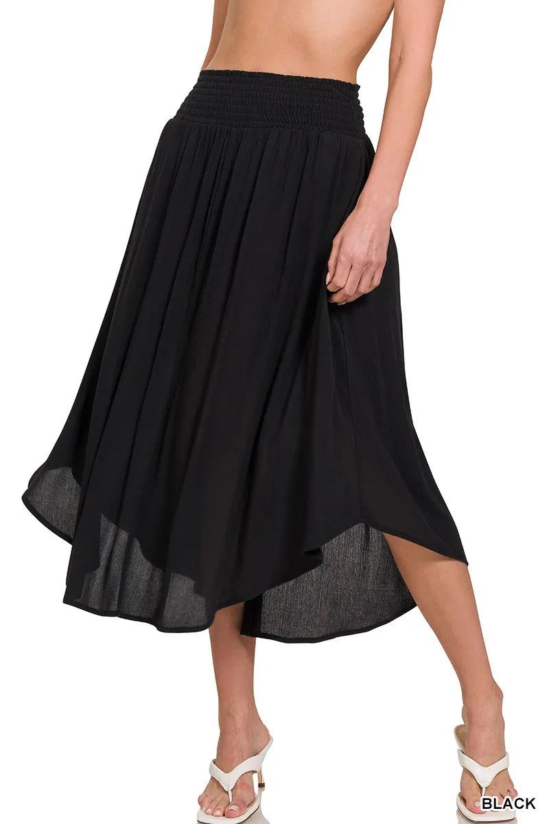Zenana Woven Crinkle Smocked Waist Maxi Skirt W Pockets