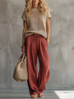 Openwork Knit Top and Wide-Leg Pant Set