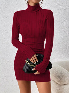 Christmas Outfit Turtleneck Ribbed Bodycon Knit Dress