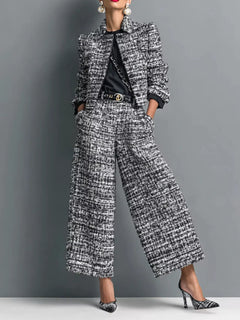 Full Size Tweed Cropped Jacket and Wide-Leg Pants Two-Piece Set Plus Size