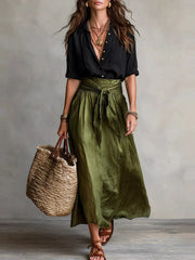 Button-Down Shirt and High-Waisted Tie-Front Maxi Skirt Set