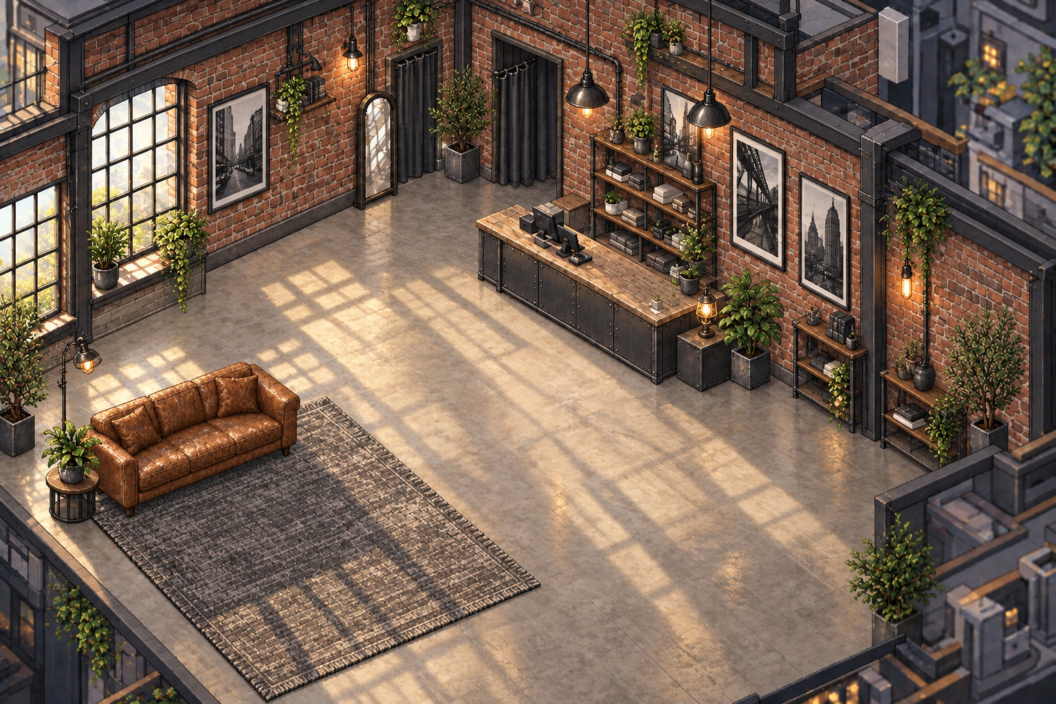 A warm pixel-art boutique with clothing displays, a shopkeeper and a standing shopper